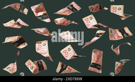 3D-Rendering eines Satzes von 50 kanadischen Dollarnoten, die in verschiedenen Winkeln und Ausrichtungen auf dunklem Hintergrund fliegen. Währung von Kanada Stockfoto