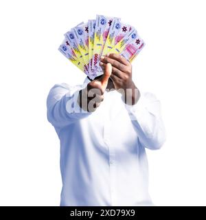 Schwarze Person, die westafrikanische CFA-Franc-Banknoten hält und Daumen zur Kamera hält. Hand hält westafrikanische Geldscheine, 3d macht Geld Stockfoto