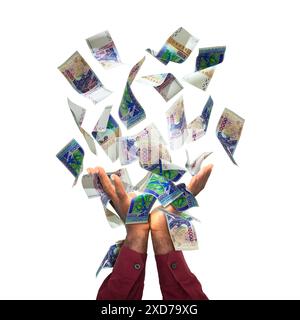 Zentralafrikanische CFA-Franc-Banknoten fallen in schwarze männliche Hände, isoliert auf transparentem Hintergrund. 3D-Banknoten, Wein, Hemd, rot, lange Ärmel, Finger Stockfoto