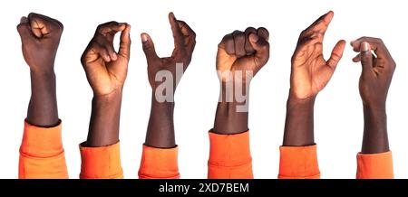 Satz schwarzer Hand im orangefarbenen Pullover Gesten isoliert auf weißem Hintergrund Stockfoto