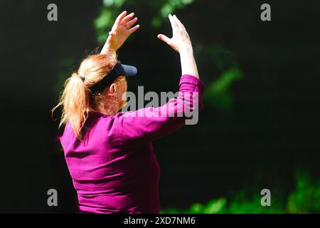 Tai Chi chuan üben in der Natur von einer Frau Stockfoto