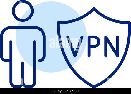 Person und VPN Shield. Verbesserter persönlicher Schutz, sicherer Online-Zugriff. Symbol für Pixelperfekte, bearbeitbare Kontur Stock Vektor