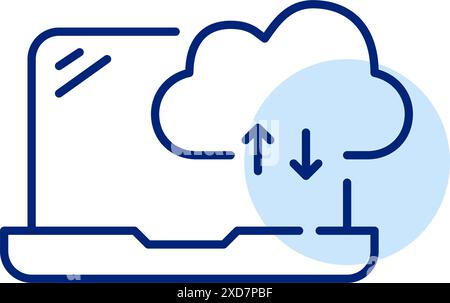 Nahtlose Cloud-Konnektivität, digitale Dateiverwaltung. Laptop, Cloud mit Pfeilen nach oben und unten. Pixel Perfect Vektor-Symbol Stock Vektor