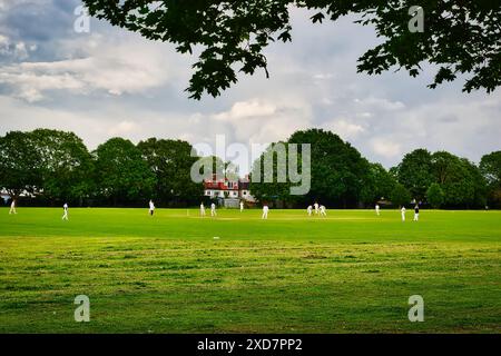 Ein Cricketspiel auf einem üppigen grünen Feld mit Bäumen und einem Haus im Hintergrund. Stockfoto