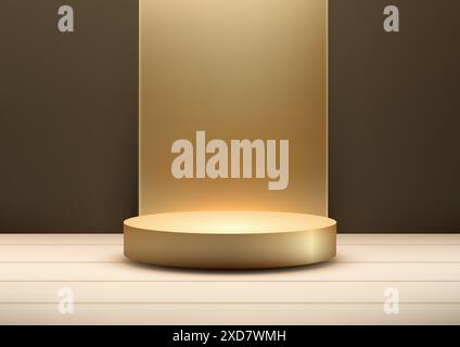Luxuriöses goldenes 3D-Podium mit goldenem Hintergrund und Spotlight auf Holzboden vor der braunen Wand für Produktpräsentation und Showcase Stock Vektor