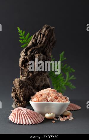 Rosafarbenes himalaya-Salz mit Schlangen, grünen Thuja-Zweigen und Muscheln. Himalaya-Salz in weißer Schüssel auf schwarzem Hintergrund. Kopierbereich. Stockfoto