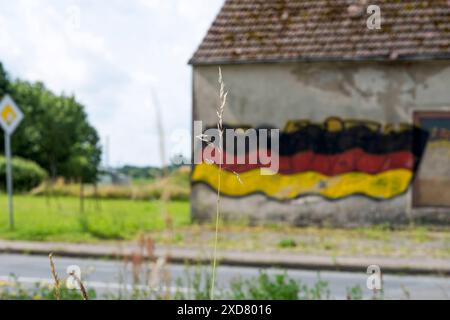 Eine Hausruine mit einer angemalten Deutschlandfahne an der Fassade steht an einer Bundesstraße in Vorpommern. Anklam *** Eine Ruine mit gemalter deutscher Flagge an der Fassade steht an einer Hauptstraße in Anklam, Vorpommern Copyright: FrankxHormannx/xnordlicht Stockfoto