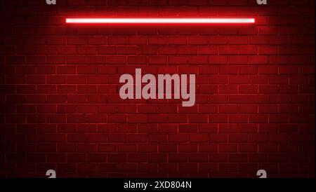 Neonlichter auf dem Hintergrund des alten Mauerraumes. Leerraum aus rotem und abstraktem dunklem Hintergrund. Vintage-Grunge-Ziegelwand Textur Hintergrund. Stockfoto