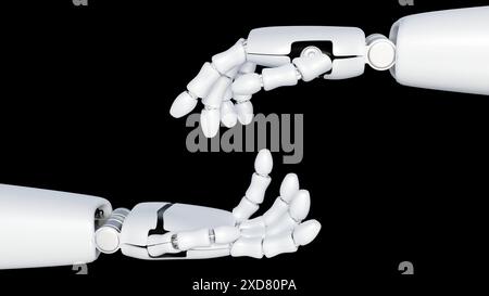 3D-Rendering von Nahaufnahmen isolierter Roboterhände, KI-Technologie-Assistent Stockfoto