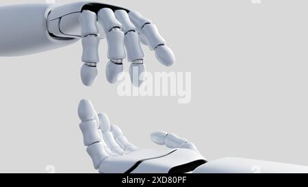 3D-Rendering von Nahaufnahmen isolierter Roboterhände, KI-Technologie-Assistent Stockfoto