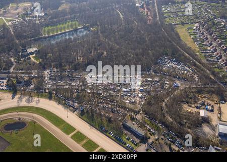 Luftaufnahme, Gelsentrödel Flohmarkt Flohmarkt an der Trabbahn, Feldmark, Gelsenkirchen, Ruhrgebiet, Nordrhein-Westfalen, Deutschland Stockfoto