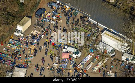 Luftaufnahme Gelsentrödel, Flohmarkt, Flohmarkt an der Trabbahn, Stände, Feldmark, Gelsenkirchen, Ruhrgebiet, Nordrhein-Westfalen, Deutschland Stockfoto