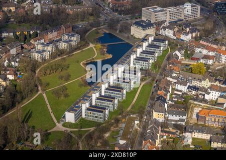 Luftaufnahme, Wissenschaftspark mit Teich, Amtsgericht und Sozialgerichtsgebäude, Ückendorf, Gelsenkirchen, Ruhrgebiet, Nordrhein-Westfalen, Deutschland Stockfoto