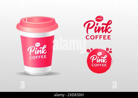 Kreatives Logo in Pink Coffee. Editierbare Vektordatei mit hochwertigem Kaffeelogo mit 3D-Tasse und Bohnen Stock Vektor