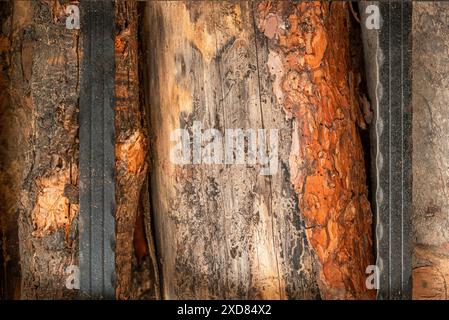 Vorderansicht der Holzwand mit Schmiedeeisen Stockfoto