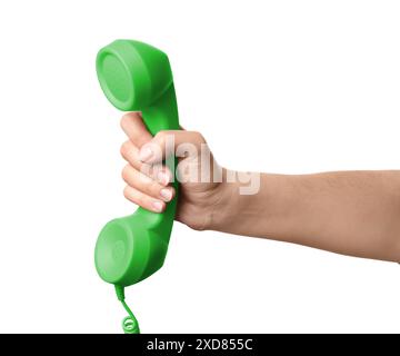 Frau mit grünem Telefon auf weißem Hintergrund, Nahaufnahme Stockfoto