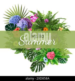 Hallo Sommer Text und Komposition tropischer Pflanzen auf weißem Hintergrund Stockfoto