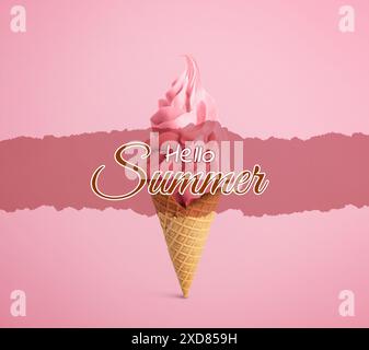 Hallo Sommer. Leckeres Eis in knusprigem Kegel auf rosa Hintergrund Stockfoto