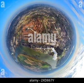 Luftaufnahme, ThyssenKrupp Steel Europe Stahlwerk am Rhein, Schwelgern Werkshafen, Erdkugel, Fischaugenbild, 360°-Bild, winzige AA Stockfoto