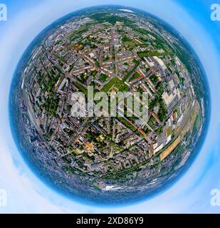 Aus der Vogelperspektive, Wohngebiet Nordmarkt Platz grüne Lunge mit Bäumen und Gärten, Baumallee Lortzingstraße, Schleswiger Straße und Mallinckrodtstraße Stockfoto