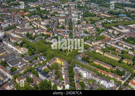 Luftbild, Wohngebiet Nordmarkt mit Platz grüne Lunge Nordmarkt mit Bäumen und Gartenanlagen, Baumallee Lortzingstraße, Schleswiger Straße und Mallinck Stockfoto