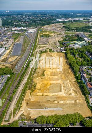 Luftbild, Gewerbegebiet Westfalenhütte Gelände, oben Brückenbaustelle mit Neubau der Straßenüberführung Hildastraße über Bahngleise zur Nordstadt, Sie Stockfoto