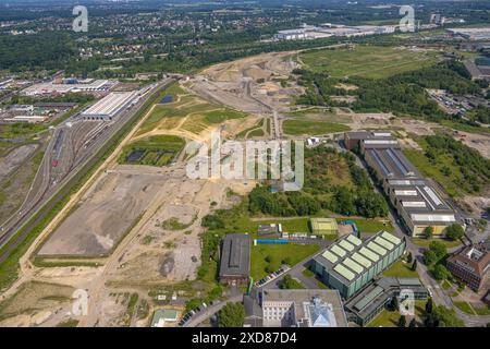 Luftbild, Gewerbegebiet Westfalenhütte Gelände, oben Brückenbaustelle mit Neubau der Straßenüberführung Hildastraße über Bahngleise zur Nordstadt, Sie Stockfoto