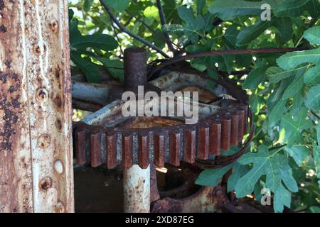 Alte Mechanik mit rostigen Zahnrädern. Stockfoto
