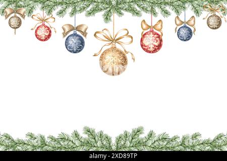 Weihnachtsbaumkugeln mit Bögen auf Fichtenzweig. Handgezeichnete Aquarellillustration. Weihnachten, Neujahr dekorieren auf Kiefer, Tannenzweig. Vintage Stockfoto
