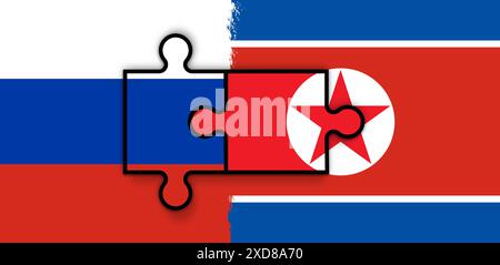 Die Flaggen Russlands und Nordkoreas sind durch Puzzles verbunden. Stockfoto