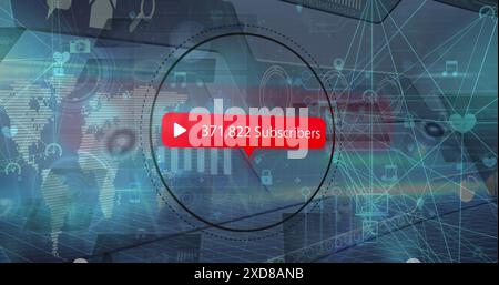 Abbildung: Benachrichtigungsschild, verbundene Symbole, die Globen bilden, Diagramme, Karte auf abstraktem Hintergrund Stockfoto