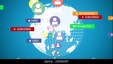 Bild von Social-Media-Symbolen und Profilsymbolen, die über der Globus vor blauem Hintergrund schweben Stockfoto