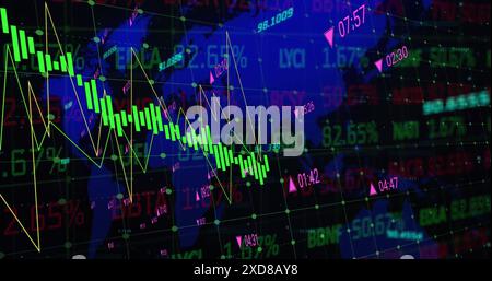 Abbildung mehrerer Diagramme mit wechselnden Zahlen und Handelstafel über Karte auf schwarzem Hintergrund Stockfoto