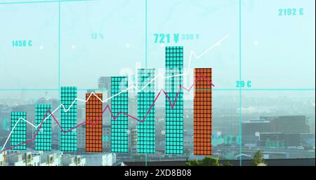 Bild der statistischen Datenverarbeitung über das Netz im Vergleich zur Luftaufnahme des Stadtbildes Stockfoto