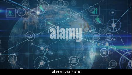 Bild des Netzwerks von Verbindungen und digitalen Symbolen über sich drehende Globus und Blaulichtpfade Stockfoto