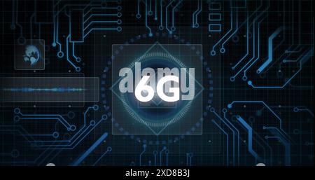 Bild: 6g-Text über Rundscanner, Mikroprozessoranschlüsse und Datenverarbeitung Stockfoto