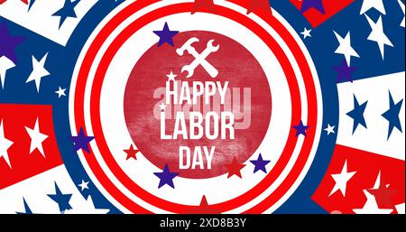 Bild des Textes zum Happy Labor Day über Sternen und Grillen, die mit der Flagge der usa gefärbt sind Stockfoto