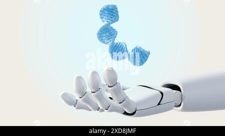 3D-Rendering einer Roboterhand und einer schwimmenden DNA-Helix Stockfoto