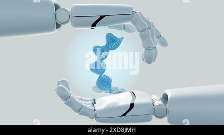 3D-Rendering einer Roboterhand und einer schwimmenden DNA-Helix Stockfoto