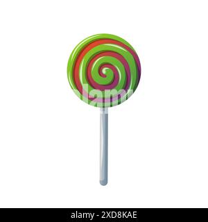 Zuckerlutscher am Stab im Cartoon-Stil. Spiralförmige süße Farbe in Grün und Violett. Vektorillustration auf weißem Hintergrund isoliert Stock Vektor