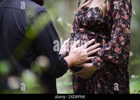 Nahaufnahme des Bauches einer schwangeren Frau mit den Händen eines Mannes c Stockfoto