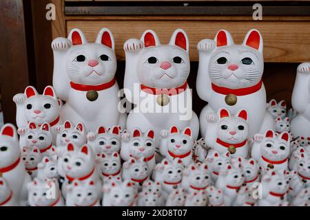 Nahaufnahme der Maneki-Neko Figuren im Gotokuji Tempel, Tokio, Japan Stockfoto