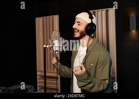 Ein Mann singt leidenschaftlich in ein Mikrofon in einem Aufnahmestudio während einer Musikbandprobe. Stockfoto