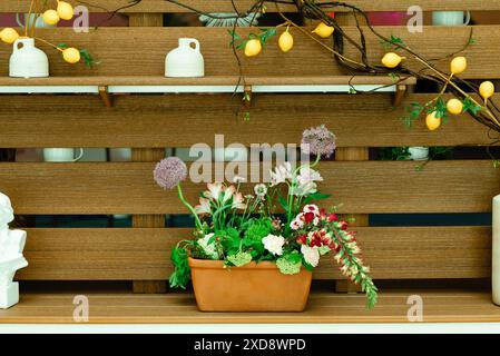 Blumenarrangement in einem Terrakottatopf auf einem Holzregal Stockfoto