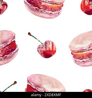 Macaron-Kuchen und Kirsche, nahtloses Aquarellmuster. Vektorabbildung. Vorlage für Café-Menü, Geburtstagskarten, Einladungen, Umschläge, Geschenkpapier Stock Vektor