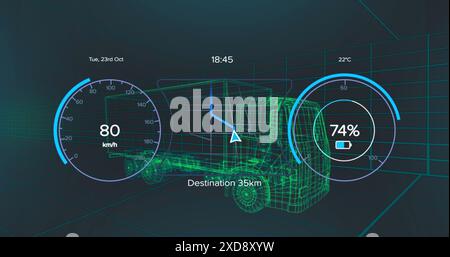 Abbildung des Tachometers mit wechselnden Zahlen und Kreisen mit Batteriesymbolen über dem 3D-Lkw Stockfoto