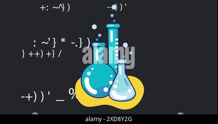 Bild von Ikonen und mathematischen Formeln auf schwarzem Hintergrund Stockfoto