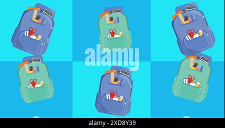 Abbildung mehrerer Symbole für Schultaschen vor dem Kopierraum auf weißem Hintergrund Stockfoto