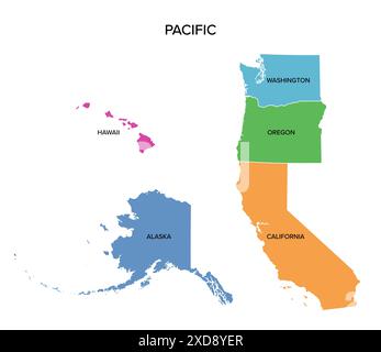 pazifikstaaten, die Westküste der Vereinigten Staaten, mehrfarbige politische Karte. United States Census Division of the West Region. Stockfoto