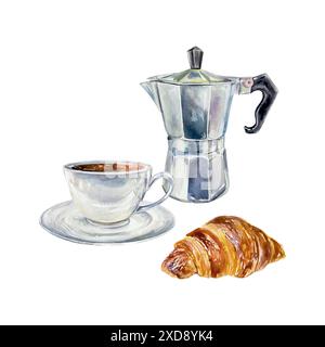 Croissant Aquarell. Gebäckstücke, Kaffeemaschine, Tasse und Untertasse. Vektorabbildung. Lebensmittelskizze. Für Karten, Einladungen, Café-Menüs, Bäckereien, Konditoreien Stock Vektor